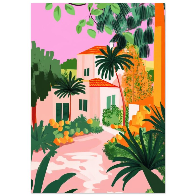 Casa con jardín tropical y palmeras, ilustración digital en estilo colorido y vibrante.