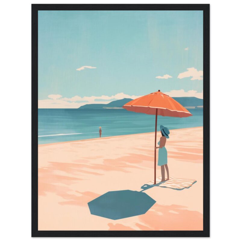 Sombrilla de playa con sombra en arena junto al mar, escena tranquila y turística en verano.