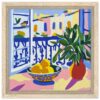 Colorido cuadro de naturaleza con frutas y planta en marco de madera en estilo pop art.