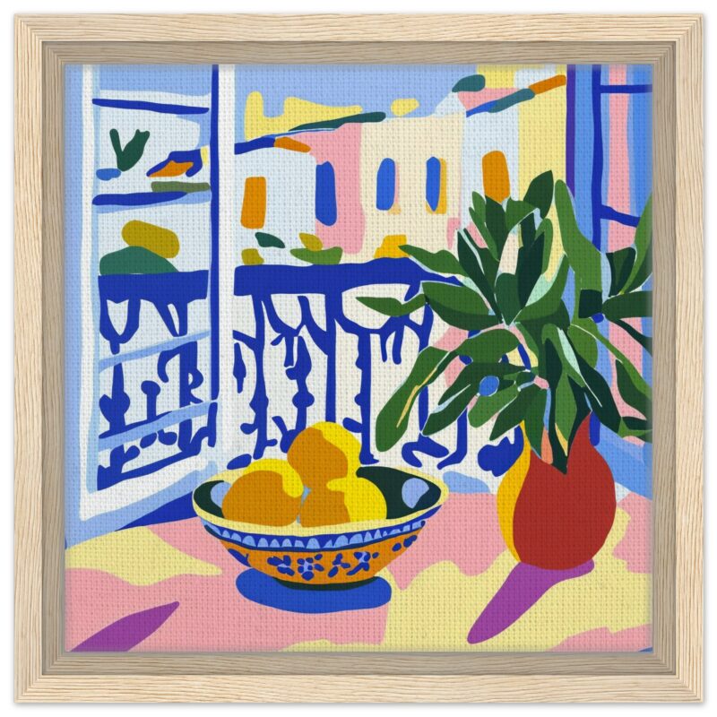 Colorido cuadro de naturaleza con frutas y planta en marco de madera en estilo pop art.