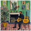 Guitarrista tocando en sala de artistas con cuadros y plantas decorativas.