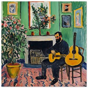 Guitarrista tocando en sala de artistas con cuadros y plantas decorativas.