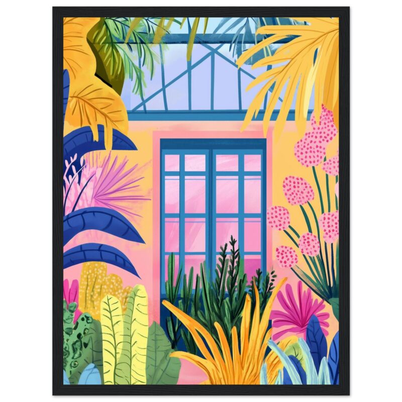 Ventana con jardín tropical, pintura moderna en estilo colorido y vibrante.