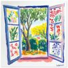 Ventana abierta con vista a un jardín colorido en estilo pintura acrílica.