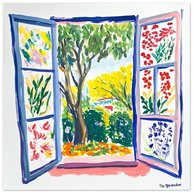 Ventana abierta con vista a un jardín colorido en estilo pintura acrílica.