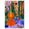 Guitarra de color naranja en un fondo lleno de plantas y objetos decorativos en estilo ilustración moderna.