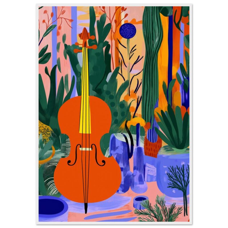 Guitarra de color naranja en un fondo lleno de plantas y objetos decorativos en estilo ilustración moderna.