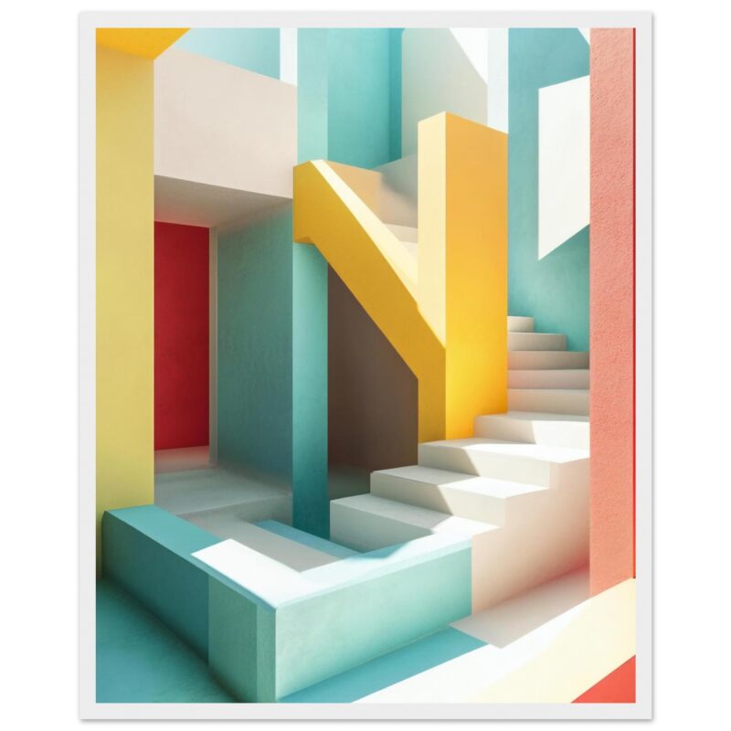 Puerta de entrada moderna con escaleras de colores vibrantes, estilo minimalista y diseño arquitectónico innovador.