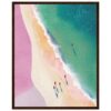 Sueño en la playa con vista aérea, arena rosa y agua turquesa en una obra de arte moderna.