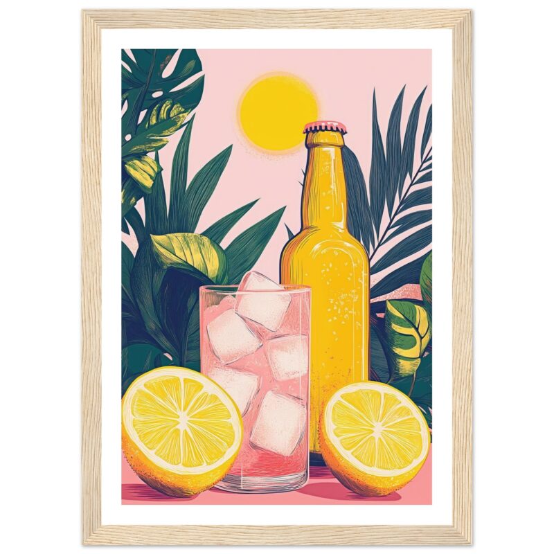 Botella de verano con hielo y limones, estilo ilustración vibrante y colorida.