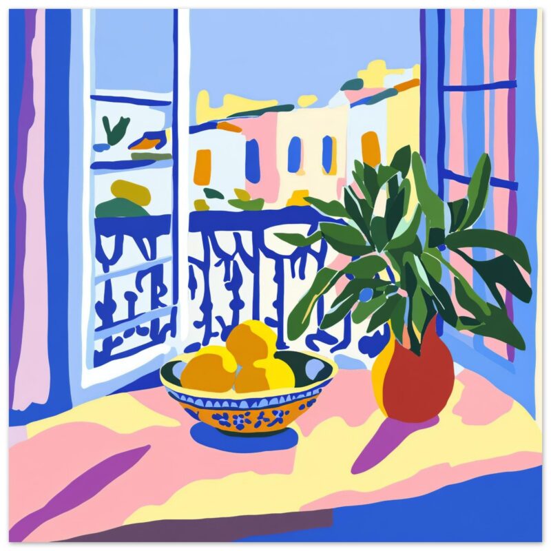 Sofá azul vista desde la ventana con plantas y frutas, decorando un espacio luminoso y moderno en el hogar.