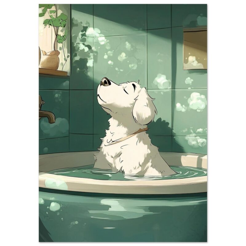 ac906dfb-0bc6-4b9d-8170-e09df417d968.jpg Relajante perro durmiendo en la bañera con burbujas y reflejos de luz, estilo artístico digital.