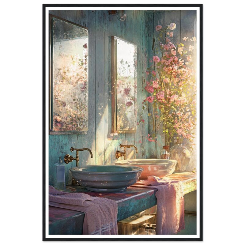 Diseño de baño con lavabos vintage y decoración floral en tonos pastel.