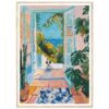 Puerta abierta con vista al mar y plantas tropicales, estilo pintura moderna, decoración vibrante.