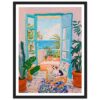 At alt: pintura moderna de un balcón con vista al mar, plantas y decoración colorida.