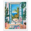 Jardín tropical con vista al mar, estilo pintura acrílica, decoración vibrante, atmósfera relajante, arte de parede tropical, diseño de interiores de verano.