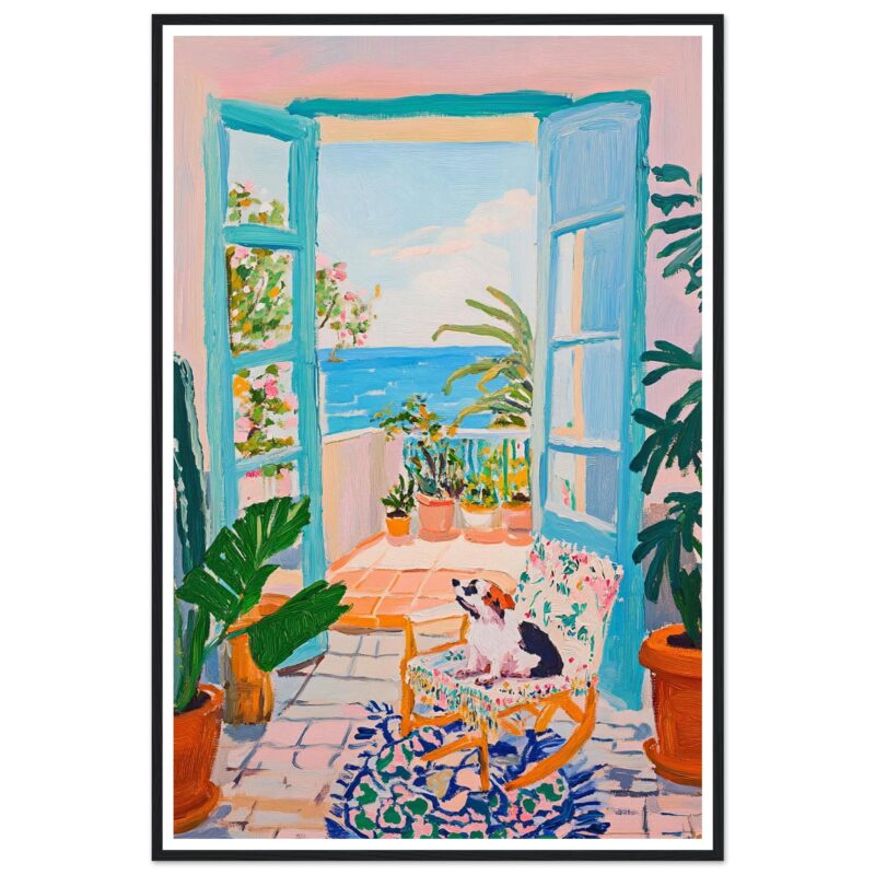 Ventana azul vista al mar en balcón con plantas y perro en silla decorativa.