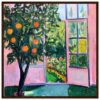 Naranjos en un patio con ventana abierta, estilo pintura impresionista, vibrantes colores verdes y naranjas.
