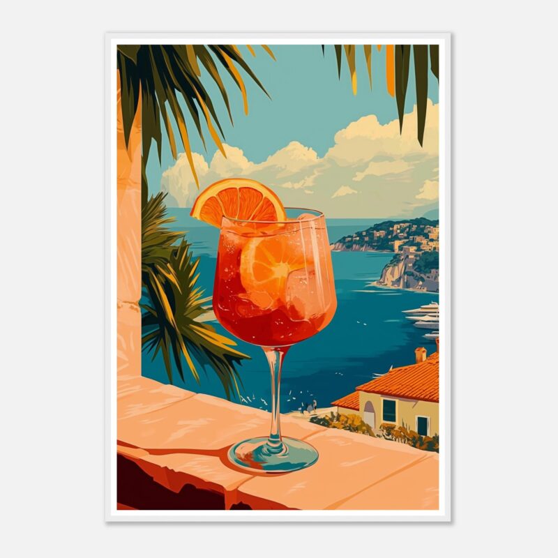 Refresco con naranja sobre fondo costero y vegetación tropical.