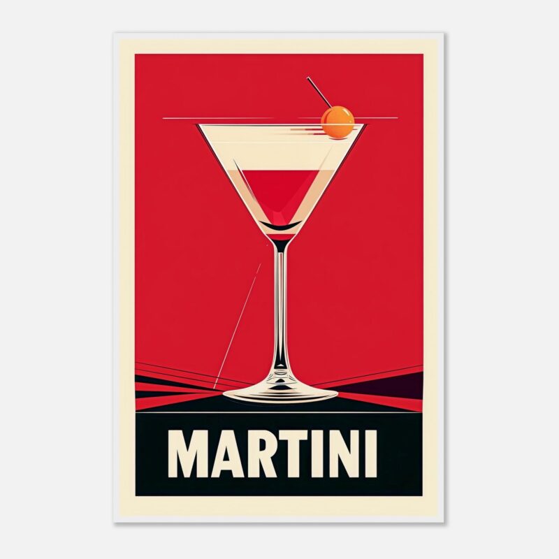 Vaso de cóctel martini con cereza y decoración moderna, estilo digital y minimalista.
