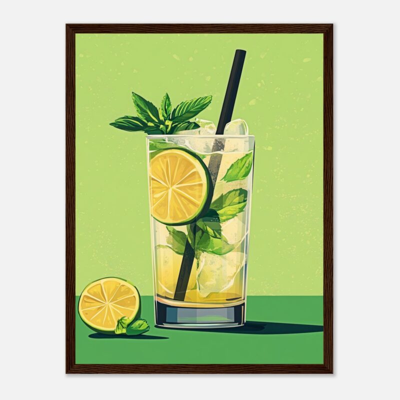 Refresco de limón y menta en vaso alto con hielo y canudo, ilustración digital, bebida refrescante y saludable.