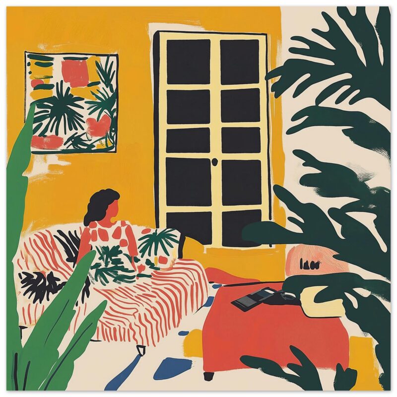Imagen de ilustración moderna con estilo artístico, mujer en sala decorada con plantas y muebles coloridos, estilo digital de Digiart Studio.