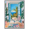 Puerta abierta con vistas al mar y vegetación tropical en pintura de estilo veraniego y vibrante.