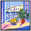 Azul, amarillo y verde en pintura moderna de un balcón con plantas y frutas.