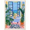 Cuidado de la casa, ilustración moderna con perro en bañera y plantas verdes.
