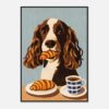 Perro (cocker spaniel) con croissant en la boca y taza de café en la mesa, ilustración moderna y colorida.