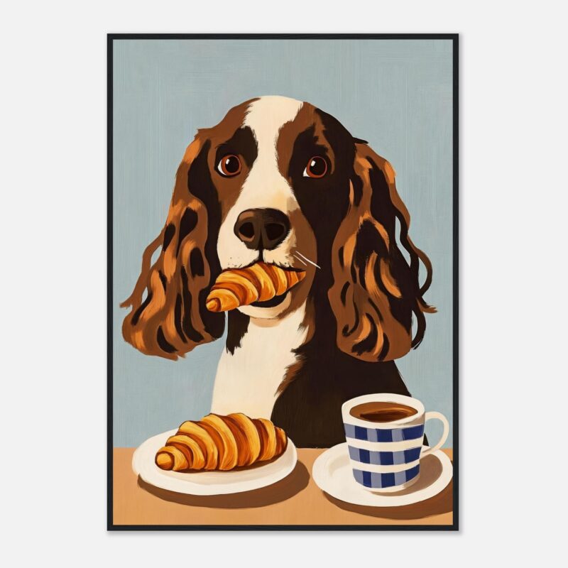 Perro (cocker spaniel) con croissant en la boca y taza de café en la mesa, ilustración moderna y colorida.