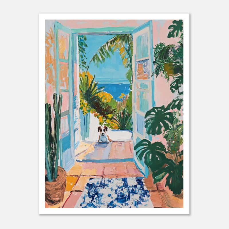 Puerta abierta con vista al mar y plantas verdes, estilo pintura acrílica.