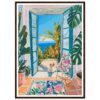 Puerta abierta a la vista del mar y plantas tropicales en un cuadro de estilo vacacional.