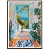 Puerta abierta con vista al mar y jardín lleno de plantas verdes y flores. Pintura vibrante y colorida de estilo impresionista.