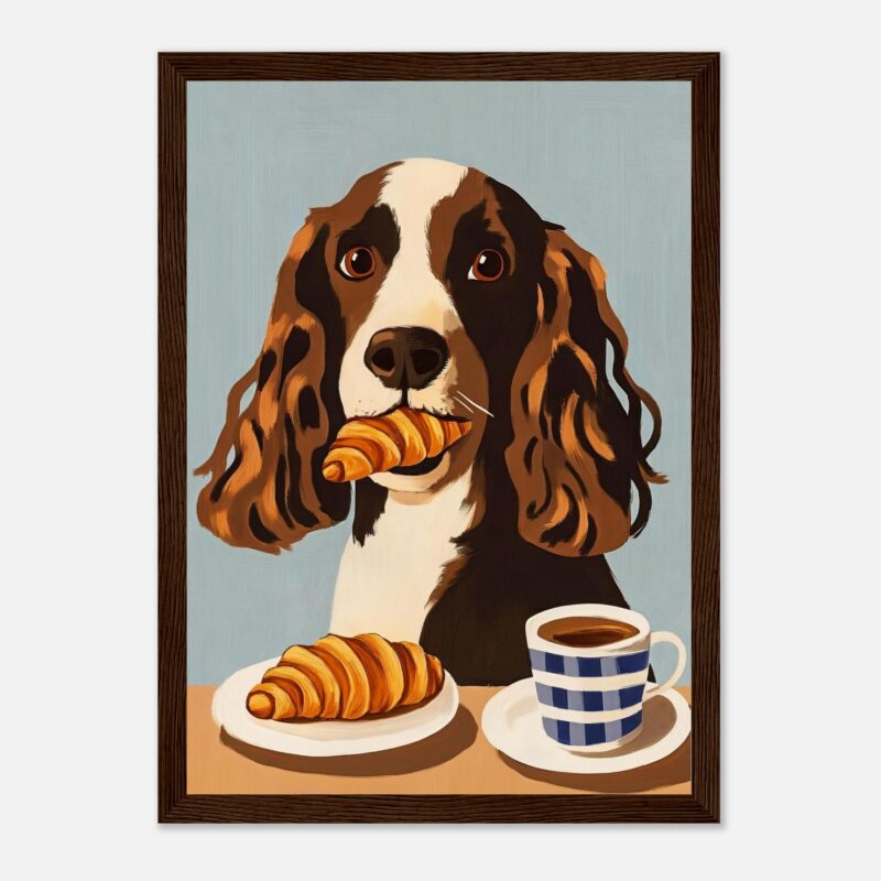 Croissant y café con un perro estilo pintura digital.