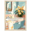 b2324fb9-fb98-470b-9527-eabe4083cab1.jpg Brote de flores en un lavabo en un baño con azulejos y espejo reflejando plantas.
