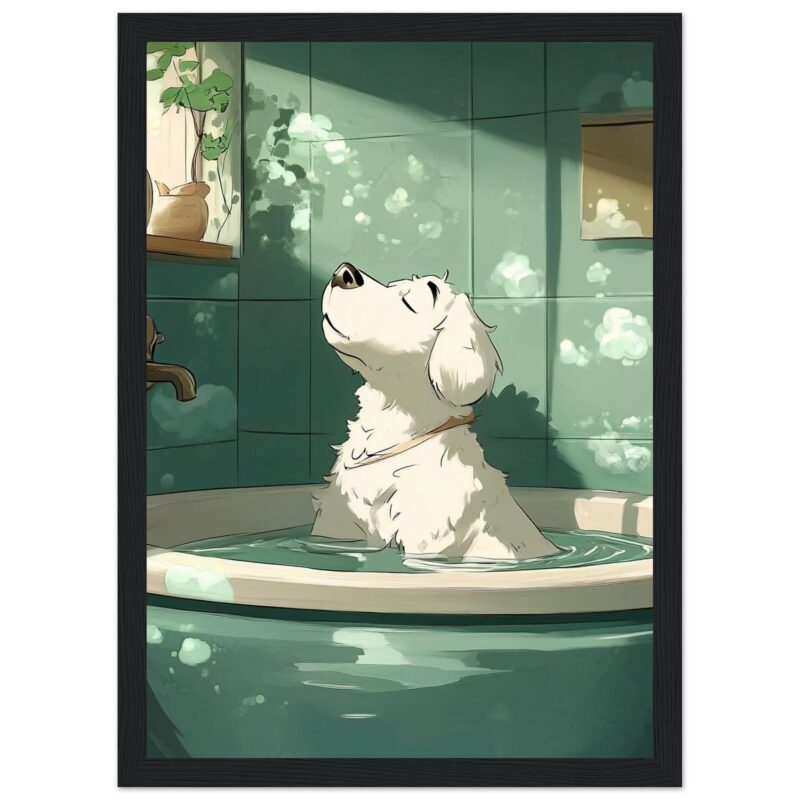 b23dd34e-6d1c-4528-a952-99ffa69c4c36.jpg Relajación de un perro en bañera, ilustración digital, arte de mascotas, bienestar animal, diseño de ilustración para mascotas.