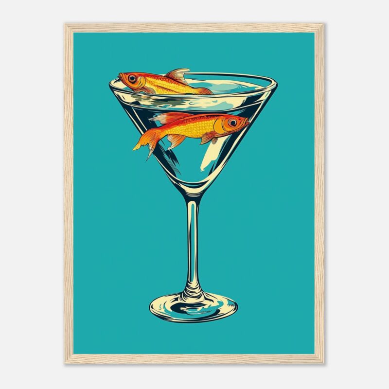 Pez en copa de cristal, ilustración de arte digital, decoración moderna, pez tropical, diseño colorido para oficina o hogar.