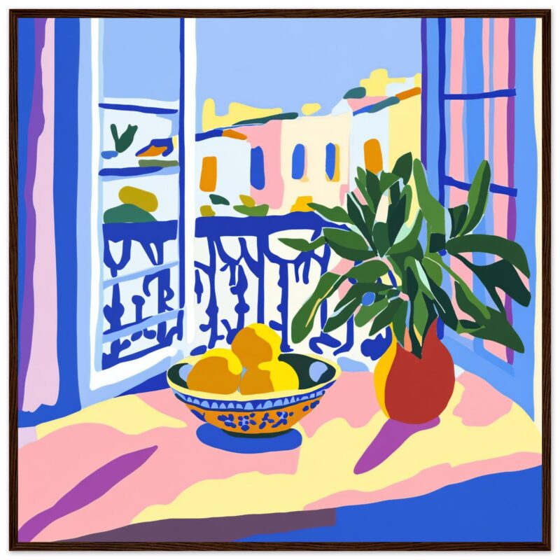 Galería de pintura digital con vista a balcón y plantas.