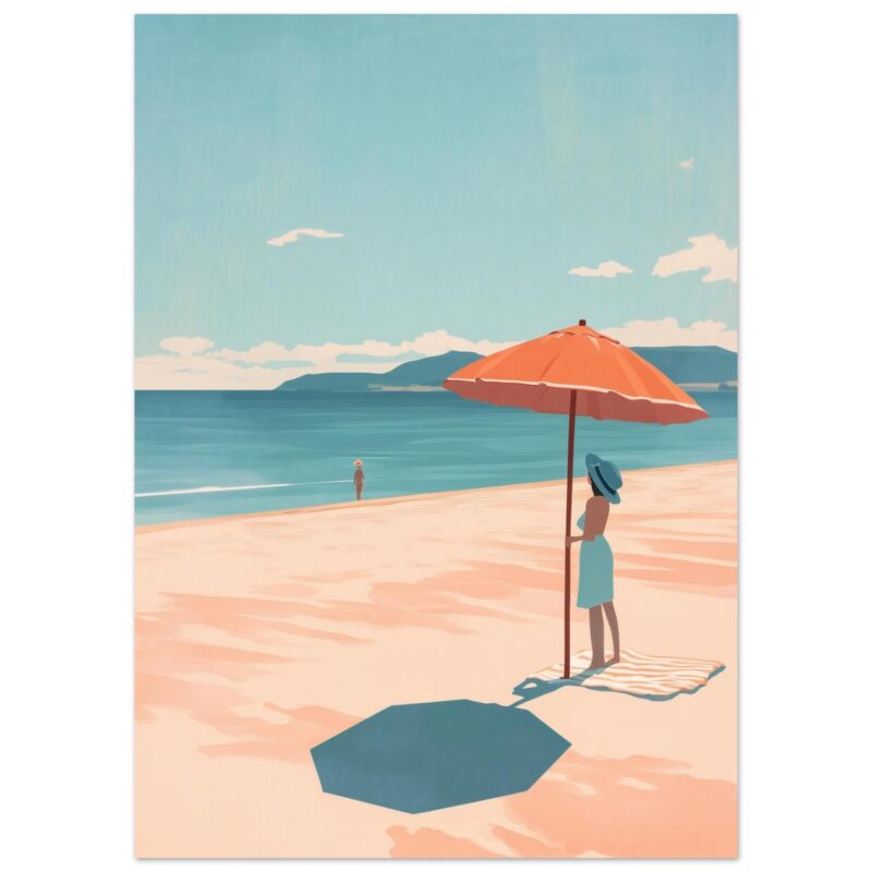 Sombrilla naranja en playa con mujer con sombrero azul y toalla rayada, paisaje costero y cielo despejado.