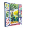 Coloreada pintura de ventana con vista a un jardín con árboles y flores en estilo artístico modernista.
