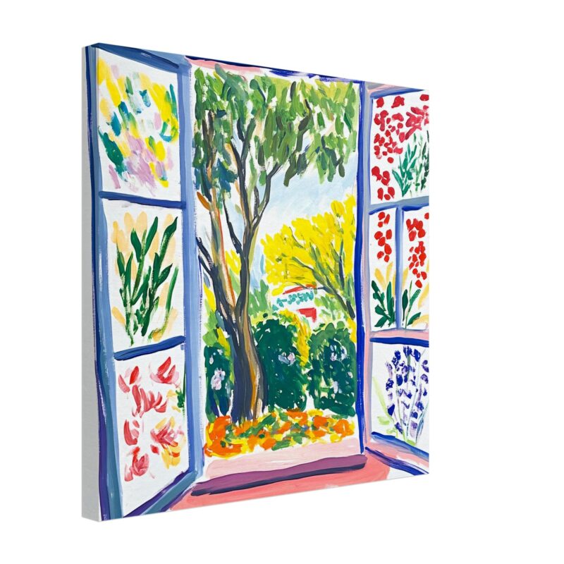 Coloreada pintura de ventana con vista a un jardín con árboles y flores en estilo artístico modernista.