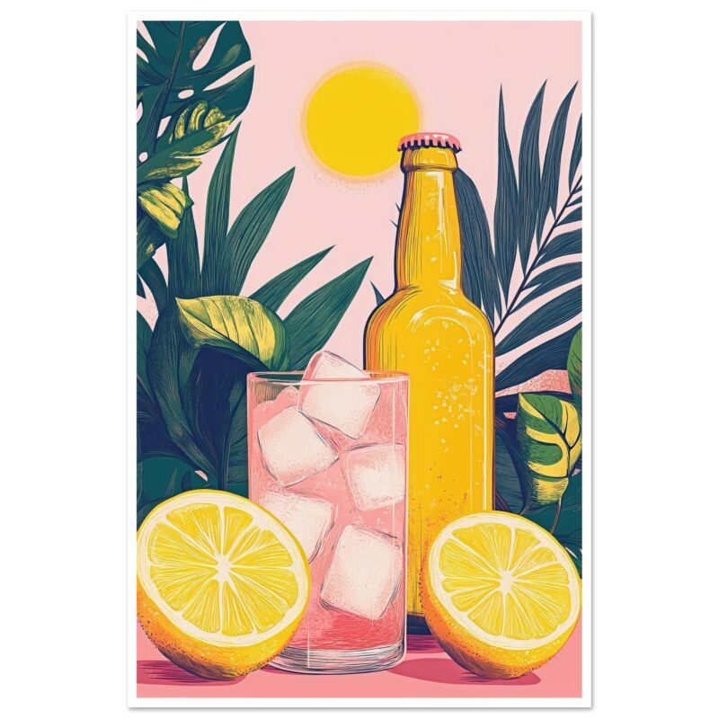 Refresco de limón con hielo y botella de cerveza en un fondo tropical.