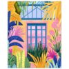 Puerta de estilo tropical con ventanas azules y plantas coloridas en un fondo rosado.