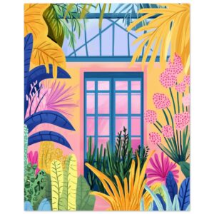 Puerta de estilo tropical con ventanas azules y plantas coloridas en un fondo rosado.