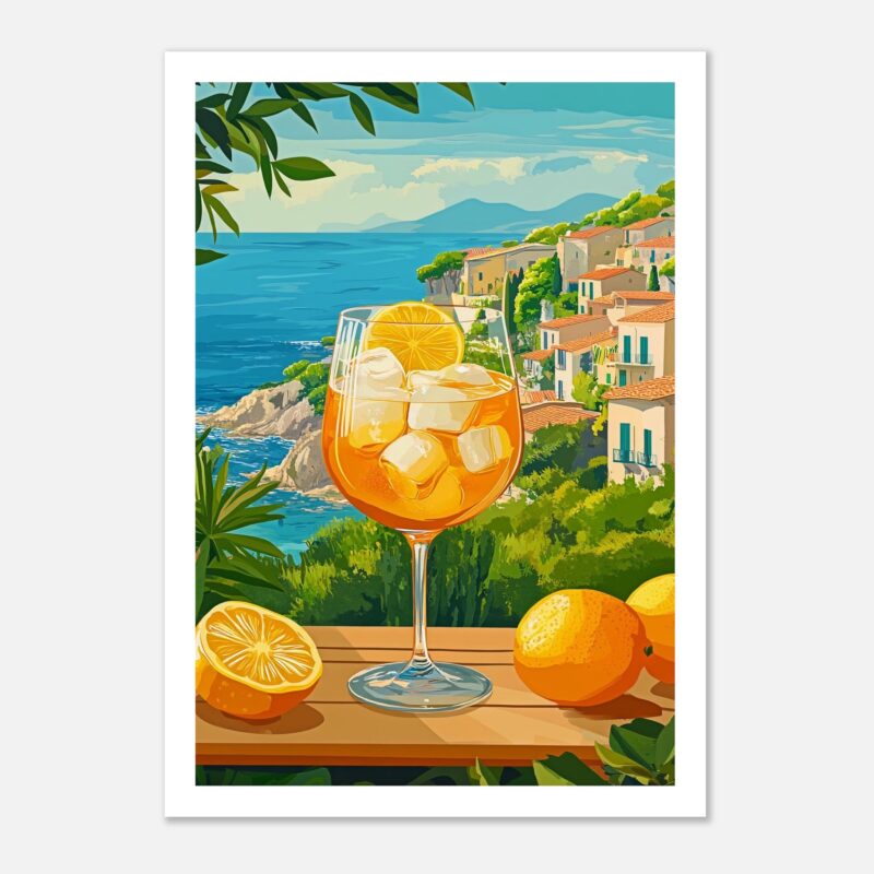 Refresco de limonada con hielo y rodajas de limón en un paisaje mediterráneo, vistas al mar y pueblos costeros.