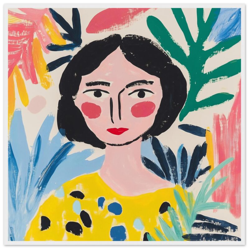 Retrato artístico de mujer moderna con fondo colorido y naturaleza, estilo pintura contemporánea para decoración.