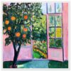 Árbol de naranjas pintado en estilo impresionista con ventana abierta y vista a un jardín.