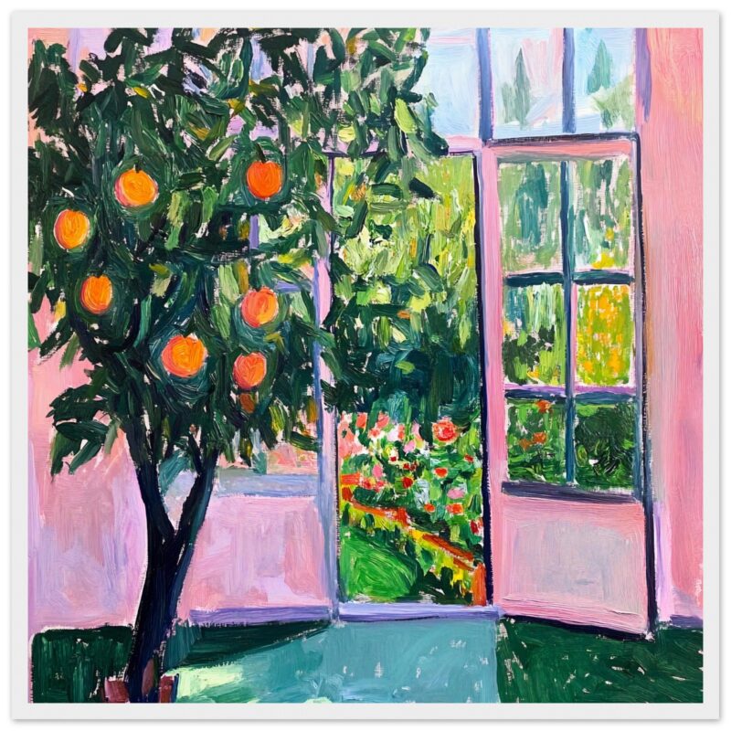 Árbol de naranjas pintado en estilo impresionista con ventana abierta y vista a un jardín.