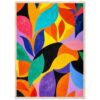 Cita ecológica de hojas y formas abstractas en colores vibrantes.